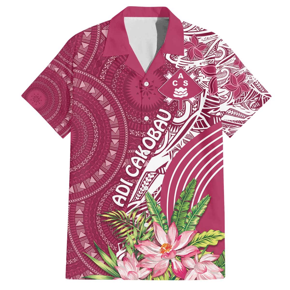 Fiji Adi Cakobau School Personalised Family Matching Puletasi and Hawaiian Shirt Masi Tapa Mix Plumeria LT7 Dad's Shirt - Short Sleeve Maroon - Polynesian Pride