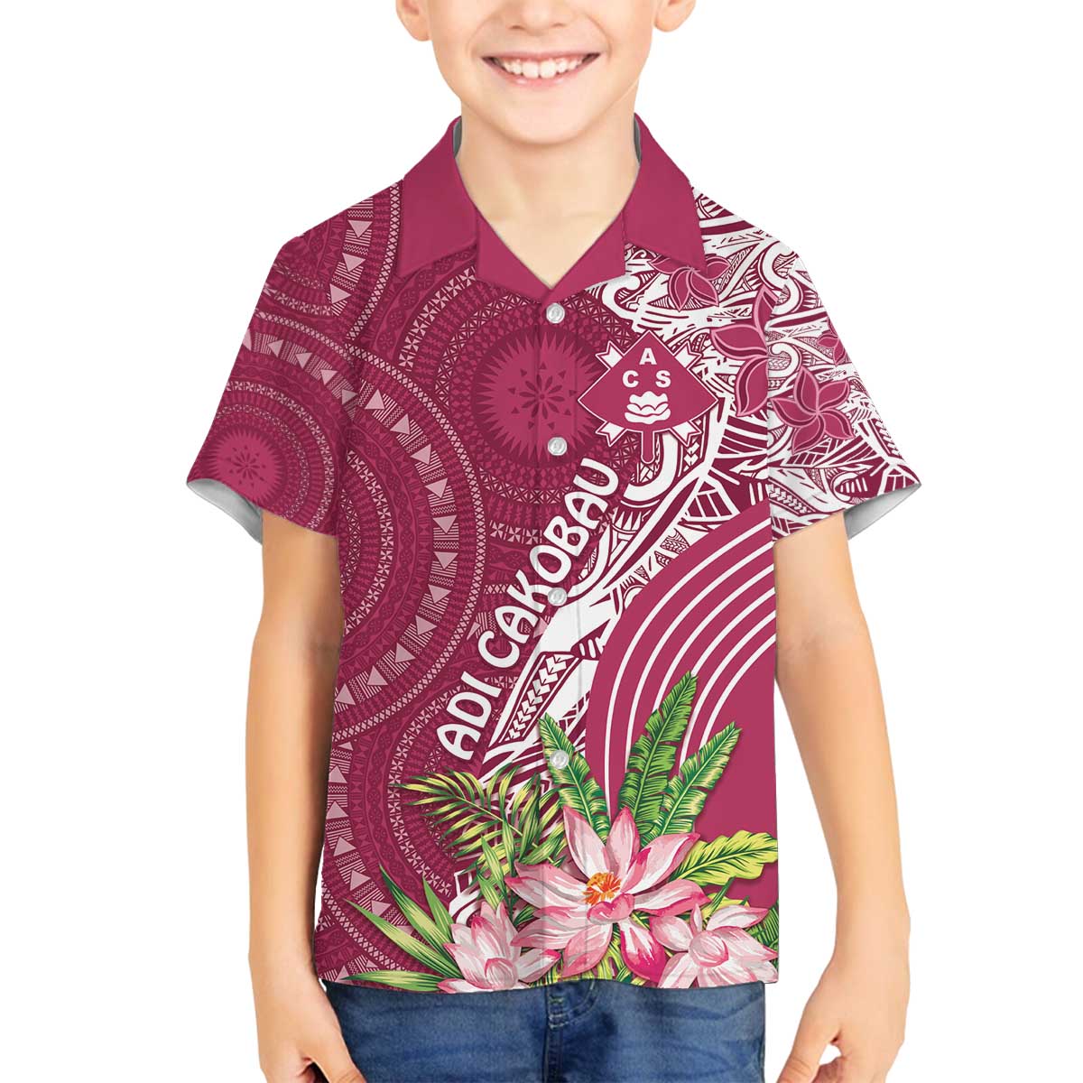 Fiji Adi Cakobau School Personalised Family Matching Puletasi and Hawaiian Shirt Masi Tapa Mix Plumeria LT7 Son's Shirt Maroon - Polynesian Pride