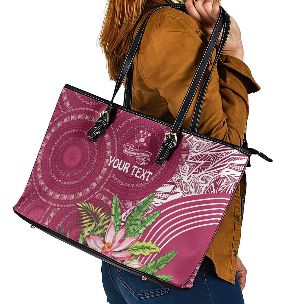 Fiji Adi Cakobau School Personalised Leather Tote Bag Masi Tapa Mix Plumeria