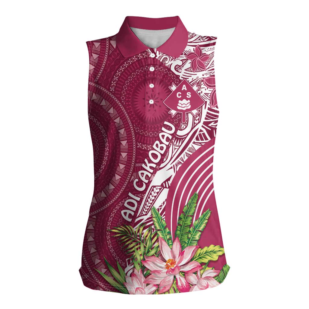 Fiji Adi Cakobau School Personalised Women Sleeveless Polo Shirt Masi Tapa Mix Plumeria