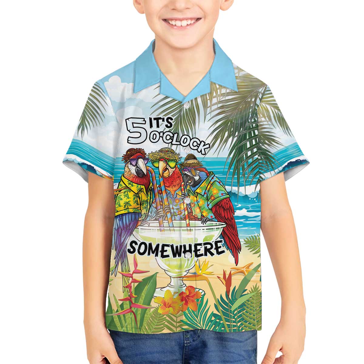It's 5 o'clock Somewhere Family Matching Off The Shoulder Long Sleeve Dress and Hawaiian Shirt Beach Party - Polynesian Pride