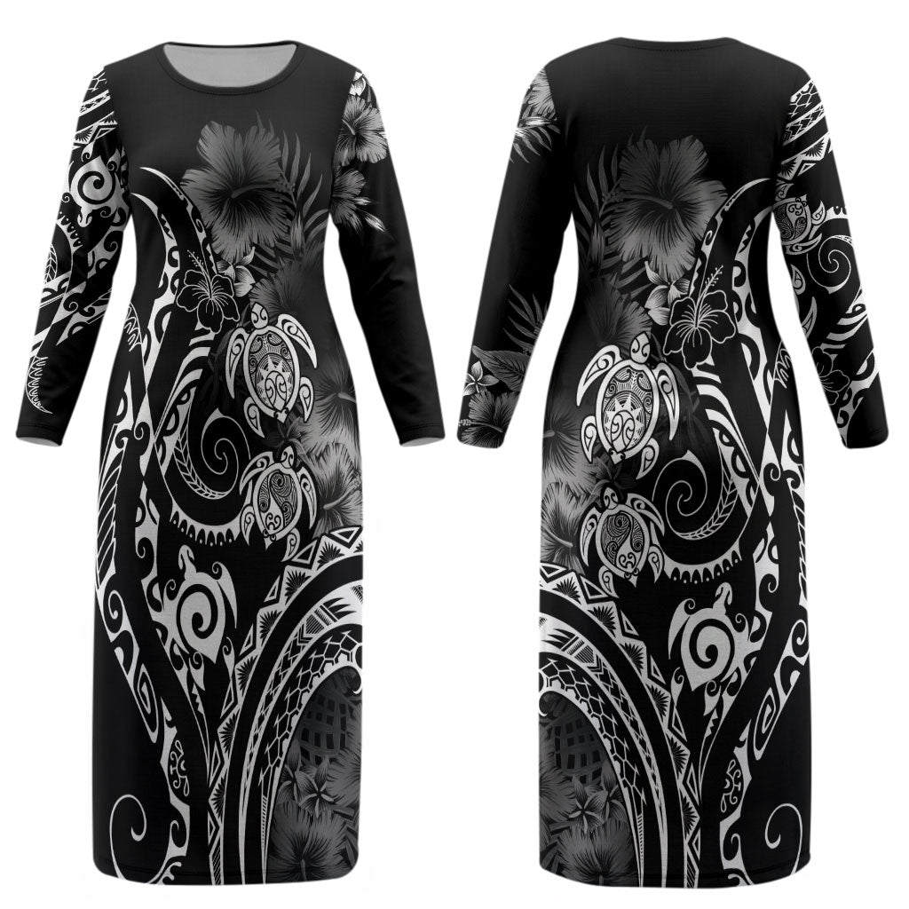 Aloha Hawaii Turtles Floral Couples Matching Long Sleeve Bodycon Dress and Long Sleeve Button Shirt Obsidian Glaze LT7 - Polynesian Pride