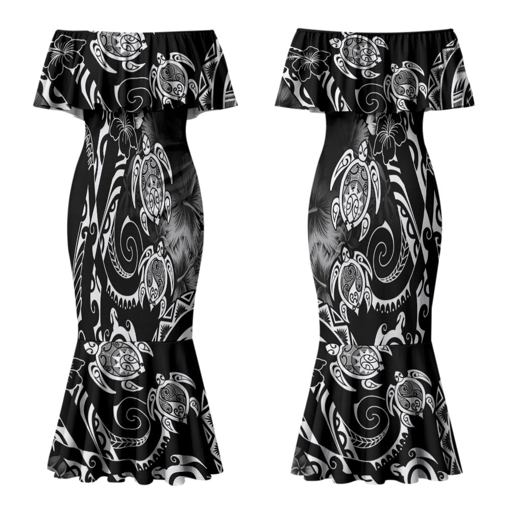 Aloha Hawaii Turtles Floral Couples Matching Mermaid Dress and Long Sleeve Button Shirt Obsidian Glaze LT7 - Polynesian Pride