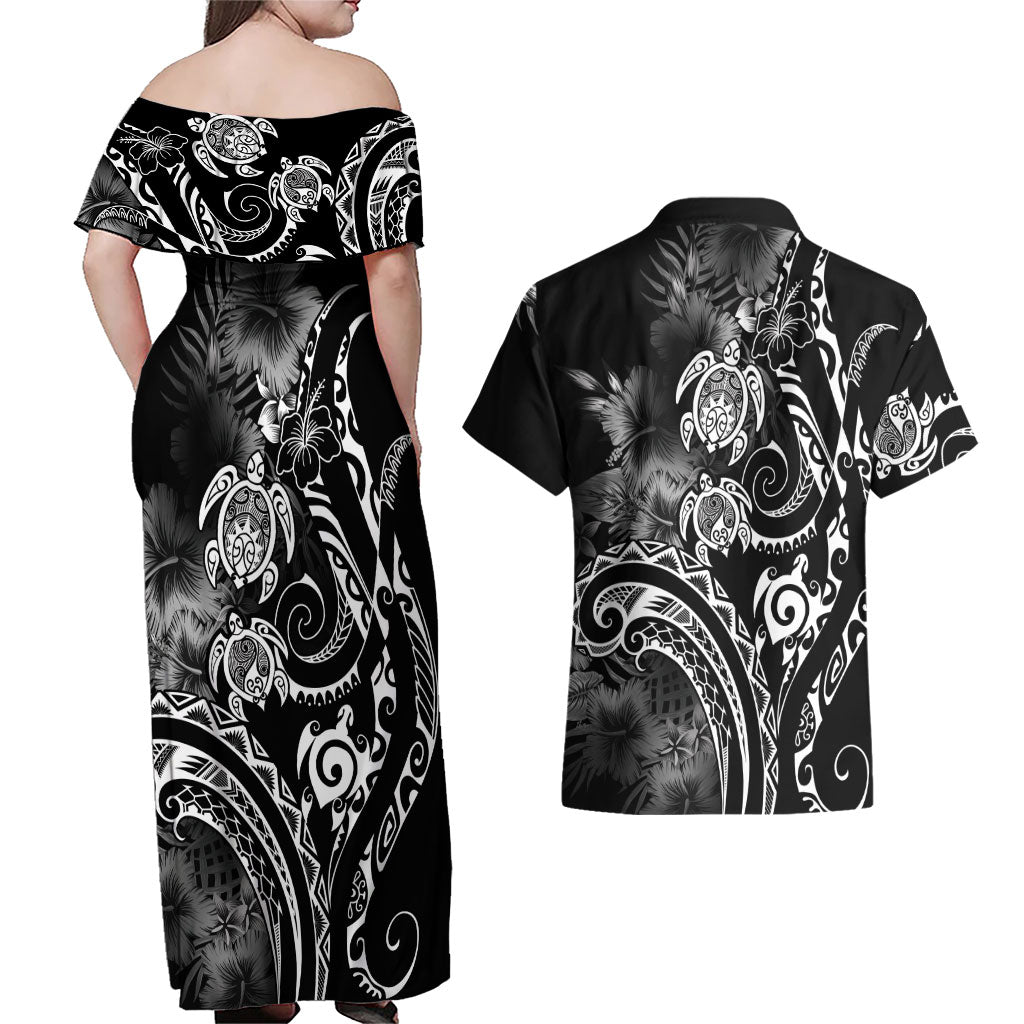 Aloha Hawaii Turtles Floral Couples Matching Off Shoulder Maxi Dress and Hawaiian Shirt Obsidian Glaze