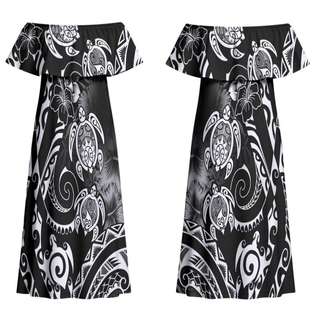 Aloha Hawaii Turtles Floral Couples Matching Off Shoulder Maxi Dress and Hawaiian Shirt Obsidian Glaze LT7 - Polynesian Pride