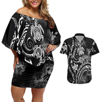 Aloha Hawaii Turtles Floral Couples Matching Off Shoulder Short Dress and Hawaiian Shirt Obsidian Glaze