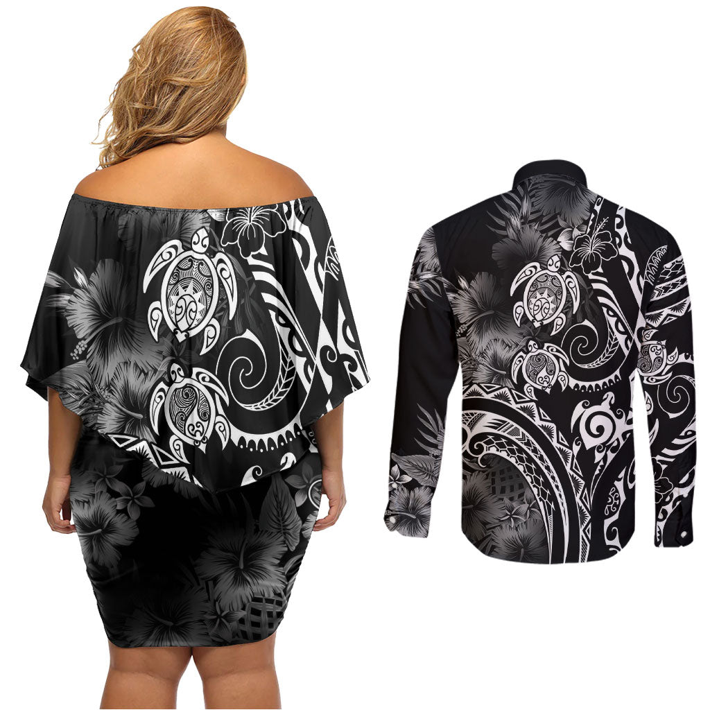 Aloha Hawaii Turtles Floral Couples Matching Off Shoulder Short Dress and Long Sleeve Button Shirt Obsidian Glaze