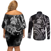 Aloha Hawaii Turtles Floral Couples Matching Off Shoulder Short Dress and Long Sleeve Button Shirt Obsidian Glaze