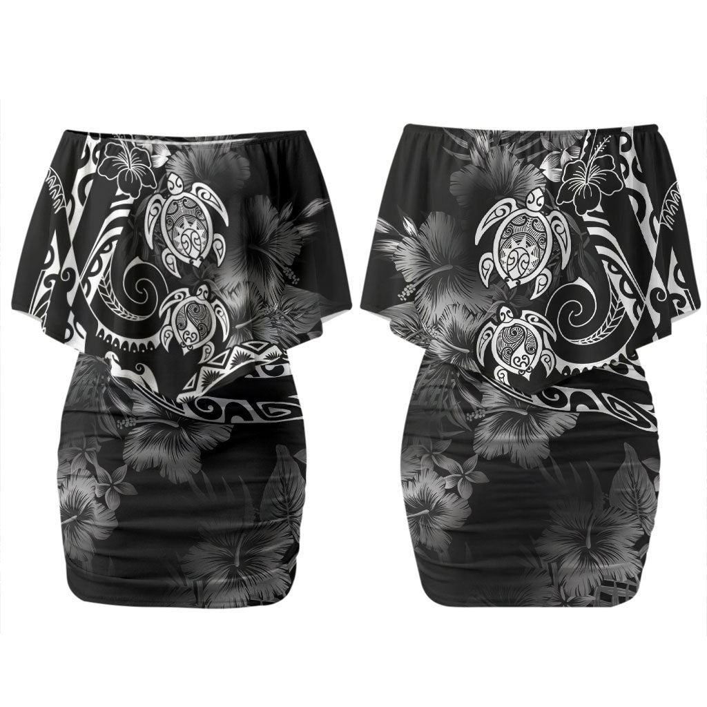 Aloha Hawaii Turtles Floral Couples Matching Off Shoulder Short Dress and Long Sleeve Button Shirt Obsidian Glaze LT7 - Polynesian Pride