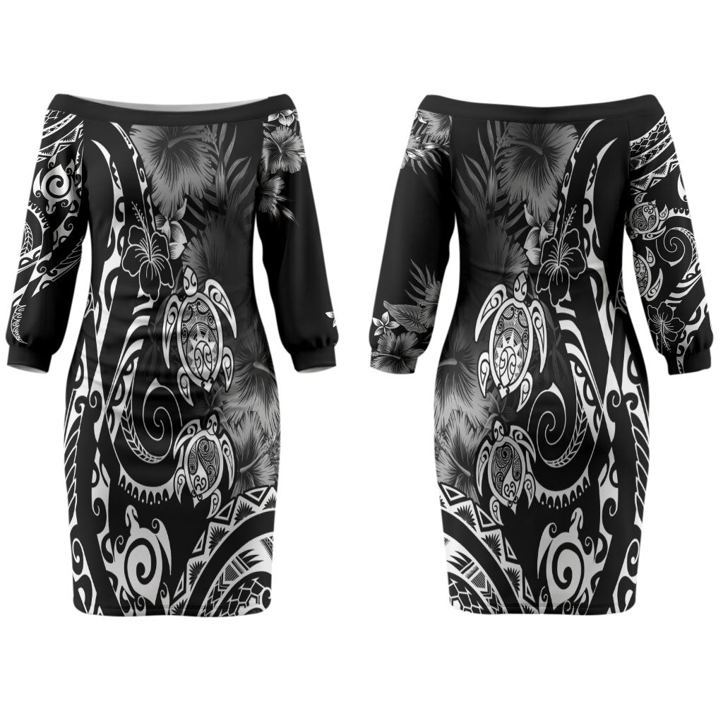 Aloha Hawaii Turtles Floral Couples Matching Off The Shoulder Long Sleeve Dress and Hawaiian Shirt Obsidian Glaze LT7 - Polynesian Pride