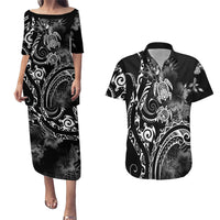 Aloha Hawaii Turtles Floral Couples Matching Puletasi and Hawaiian Shirt Obsidian Glaze