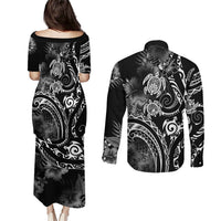Aloha Hawaii Turtles Floral Couples Matching Puletasi and Long Sleeve Button Shirt Obsidian Glaze