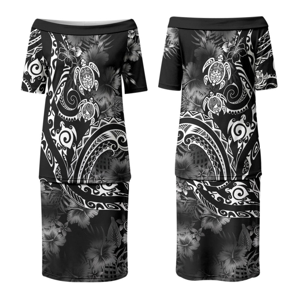 Aloha Hawaii Turtles Floral Couples Matching Puletasi and Long Sleeve Button Shirt Obsidian Glaze LT7 - Polynesian Pride