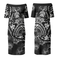 Aloha Hawaii Turtles Floral Couples Matching Puletasi and Long Sleeve Button Shirt Obsidian Glaze LT7 - Polynesian Pride