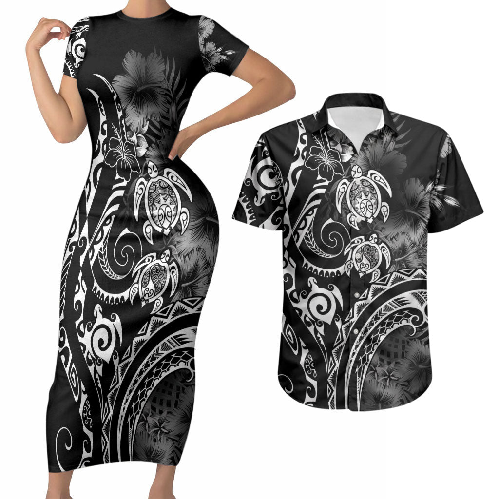 Aloha Hawaii Turtles Floral Couples Matching Short Sleeve Bodycon Dress and Hawaiian Shirt Obsidian Glaze LT7 Black - Polynesian Pride
