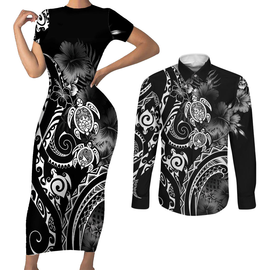 Aloha Hawaii Turtles Floral Couples Matching Short Sleeve Bodycon Dress and Long Sleeve Button Shirt Obsidian Glaze