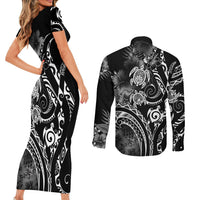 Aloha Hawaii Turtles Floral Couples Matching Short Sleeve Bodycon Dress and Long Sleeve Button Shirt Obsidian Glaze