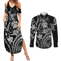 Aloha Hawaii Turtles Floral Couples Matching Summer Maxi Dress and Long Sleeve Button Shirt Obsidian Glaze