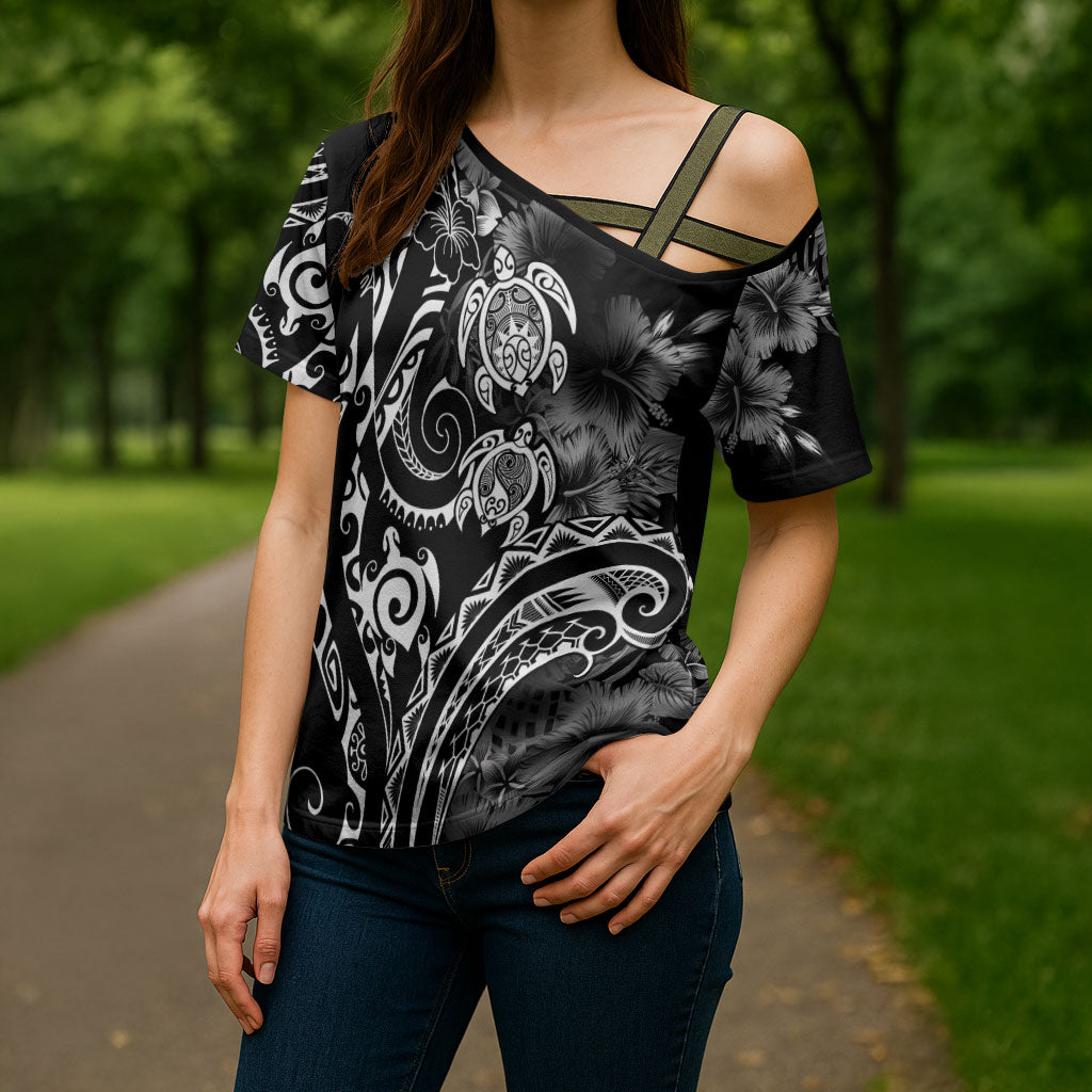 Aloha Hawaii Turtles Floral Cross Shoulder Shirt Obsidian Glaze