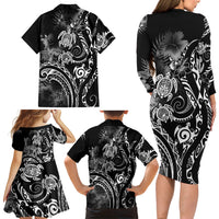 Aloha Hawaii Turtles Floral Family Matching Long Sleeve Bodycon Dress and Hawaiian Shirt Obsidian Glaze