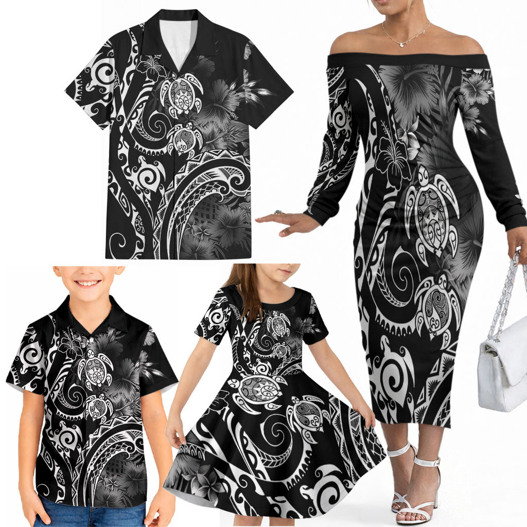 Aloha Hawaii Turtles Floral Family Matching Off The Shoulder Long Sleeve Dress and Hawaiian Shirt Obsidian Glaze LT7 - Polynesian Pride