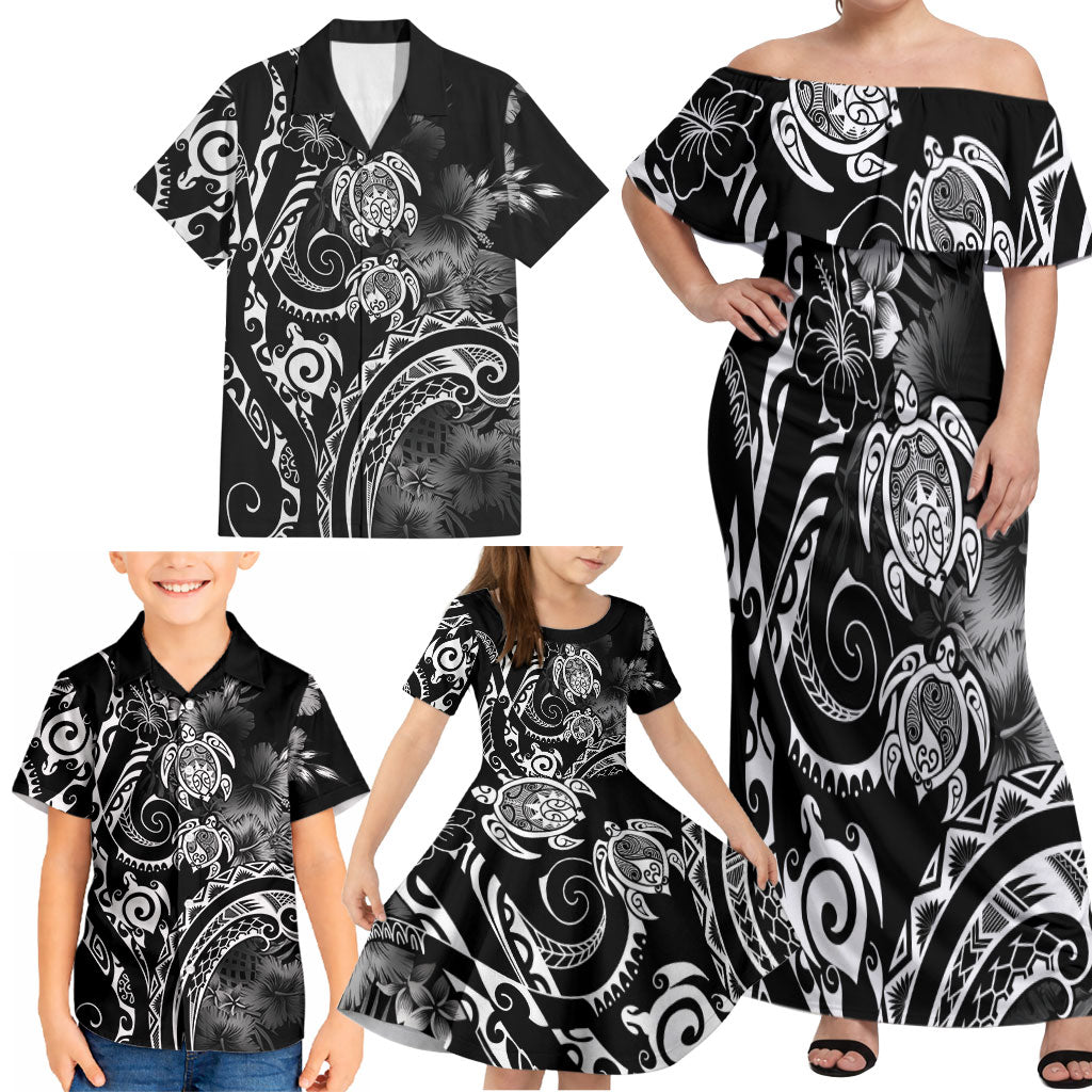 Aloha Hawaii Turtles Floral Family Matching Off Shoulder Maxi Dress and Hawaiian Shirt Obsidian Glaze LT7 - Polynesian Pride