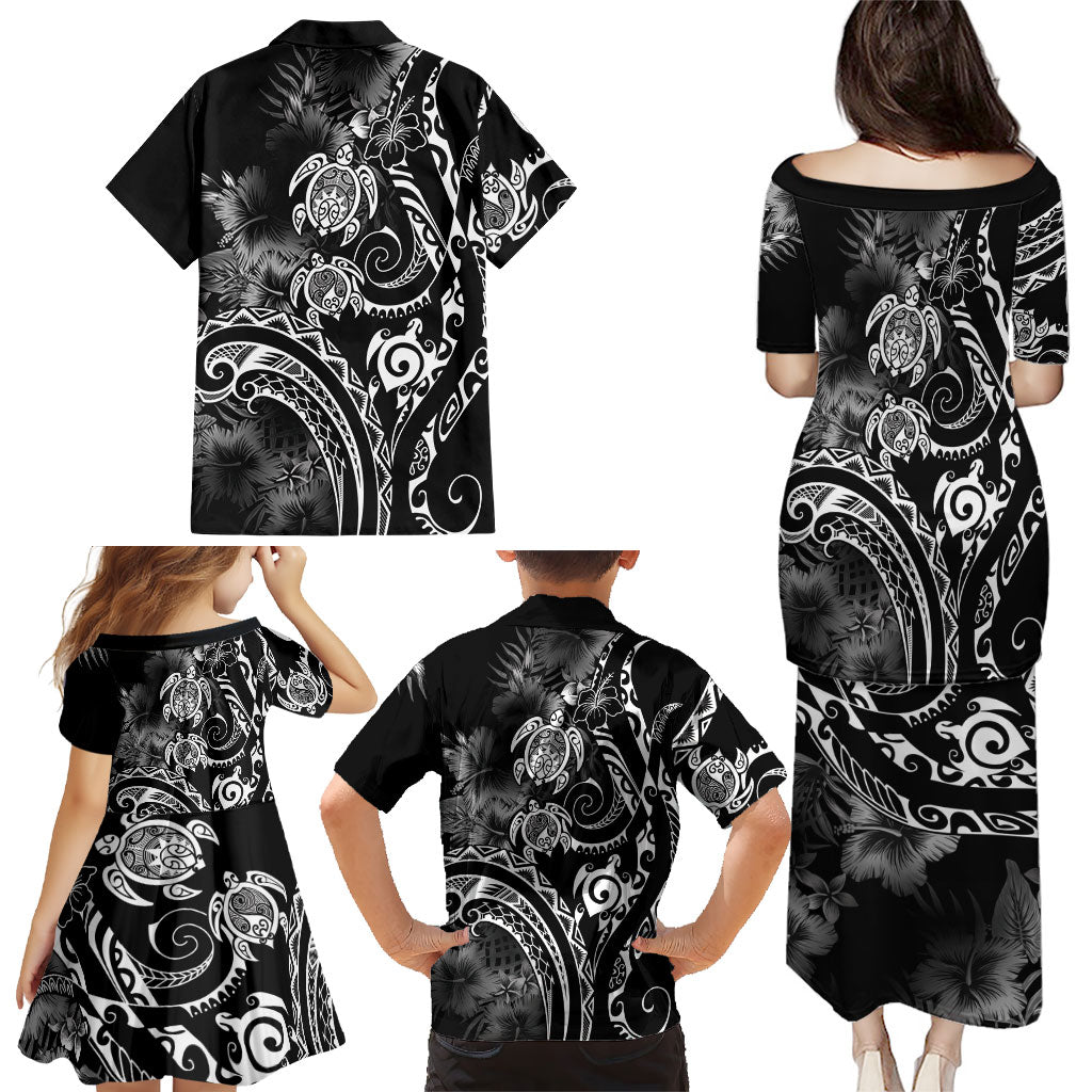 Aloha Hawaii Turtles Floral Family Matching Puletasi and Hawaiian Shirt Obsidian Glaze