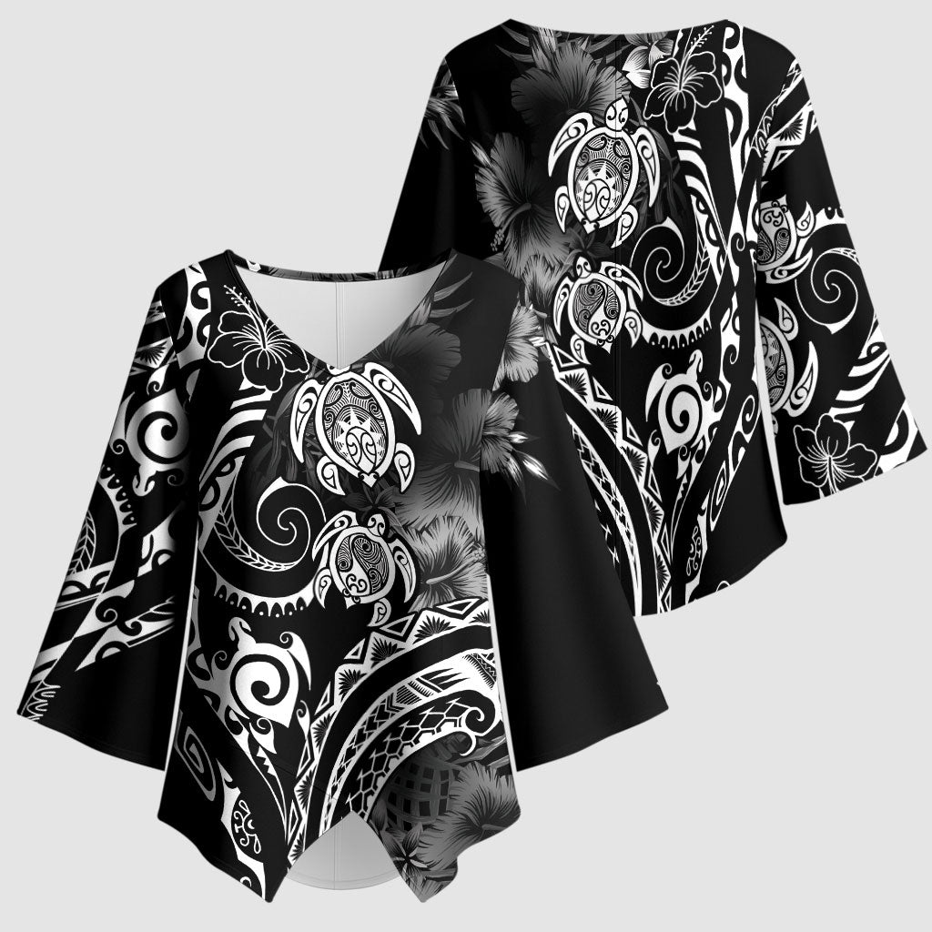 Aloha Hawaii Turtles Floral Kimono Sleeve Blouse Obsidian Glaze