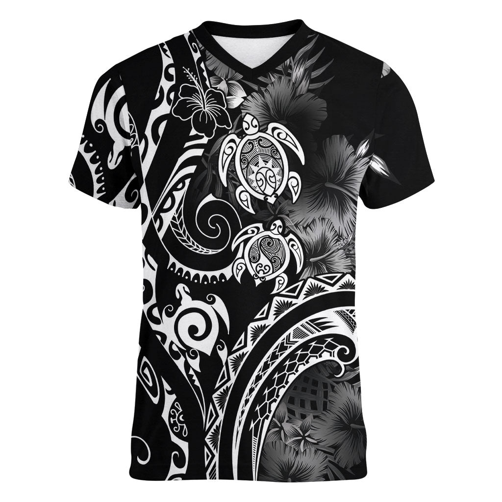 Aloha Hawaii Turtles Floral Women V-Neck T-Shirt Obsidian Glaze