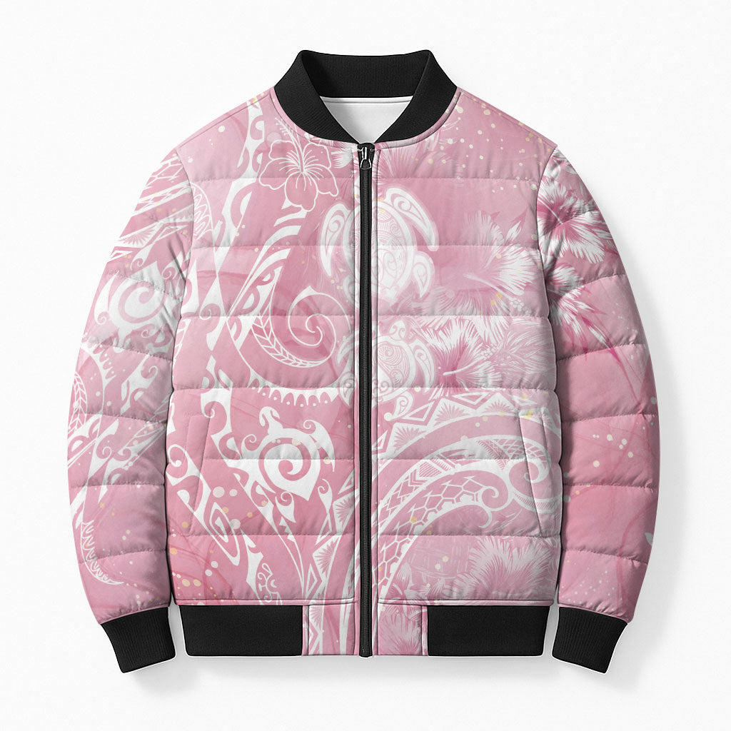 Aloha Hawaii Turtles Floral Bomber Puffer Jacket Pink Marbles Glaze