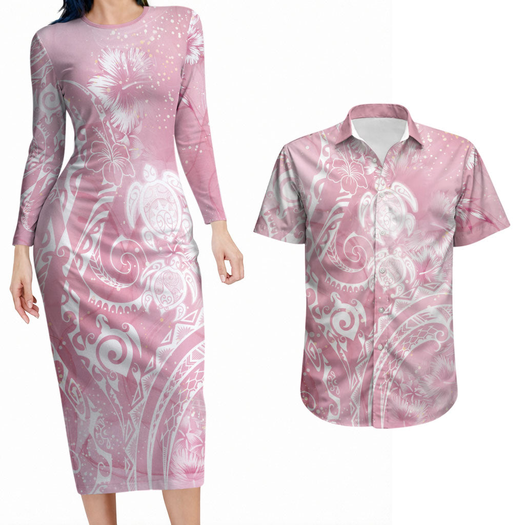Aloha Hawaii Turtles Floral Couples Matching Long Sleeve Bodycon Dress and Hawaiian Shirt Pink Marbles Glaze LT7 Pink - Polynesian Pride