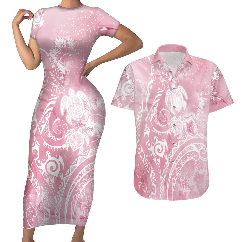 Aloha Hawaii Turtles Floral Couples Matching Short Sleeve Bodycon Dress and Hawaiian Shirt Pink Marbles Glaze