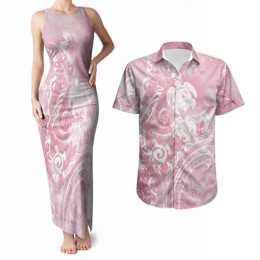 Aloha Hawaii Turtles Floral Couples Matching Tank Maxi Dress and Hawaiian Shirt Pink Marbles Glaze LT7 Pink - Polynesian Pride