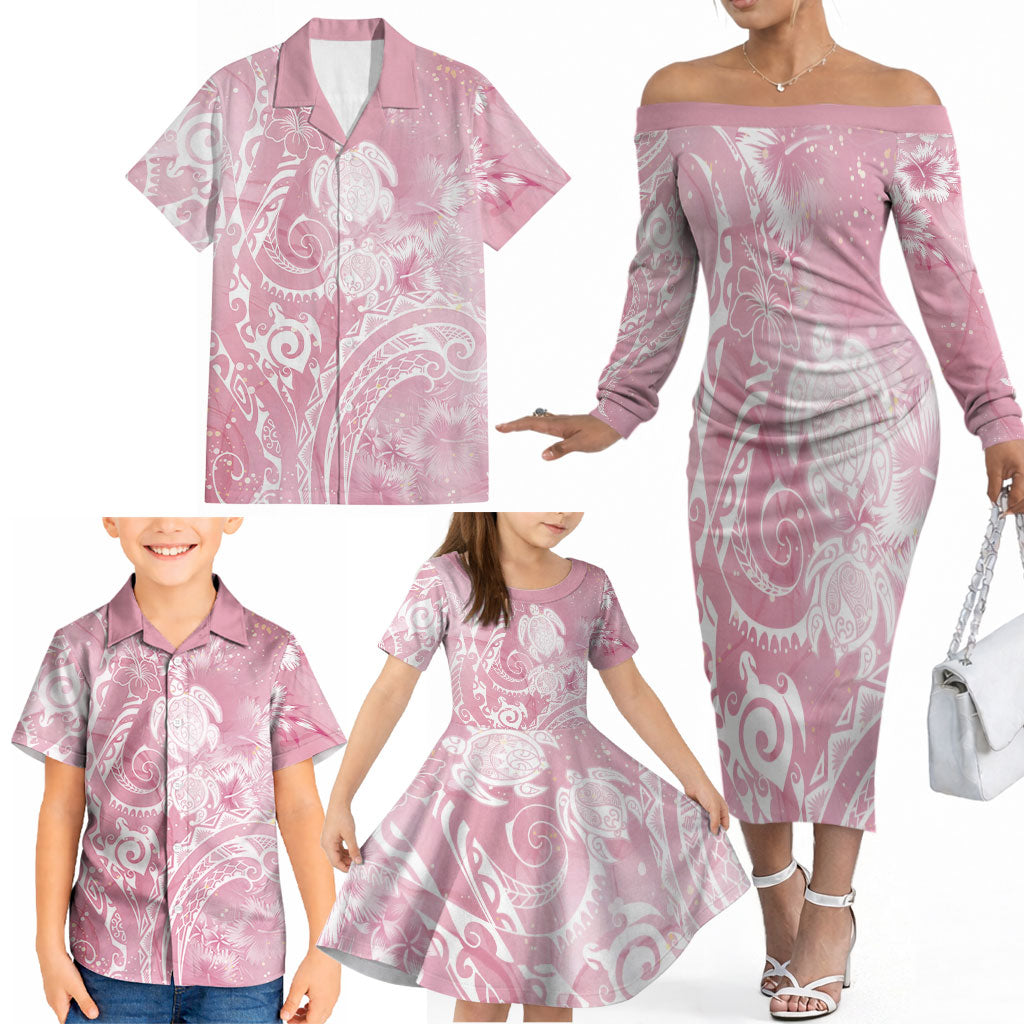 Aloha Hawaii Turtles Floral Family Matching Off The Shoulder Long Sleeve Dress and Hawaiian Shirt Pink Marbles Glaze LT7 - Polynesian Pride