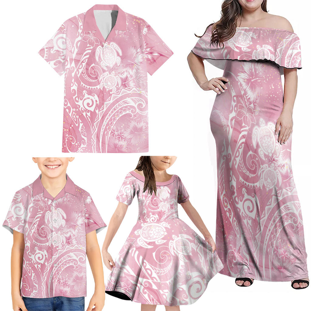 Aloha Hawaii Turtles Floral Family Matching Off Shoulder Maxi Dress and Hawaiian Shirt Pink Marbles Glaze