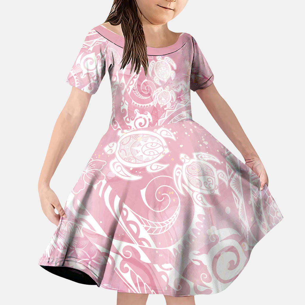 Aloha Hawaii Turtles Floral Family Matching Off Shoulder Short Dress and Hawaiian Shirt Pink Marbles Glaze