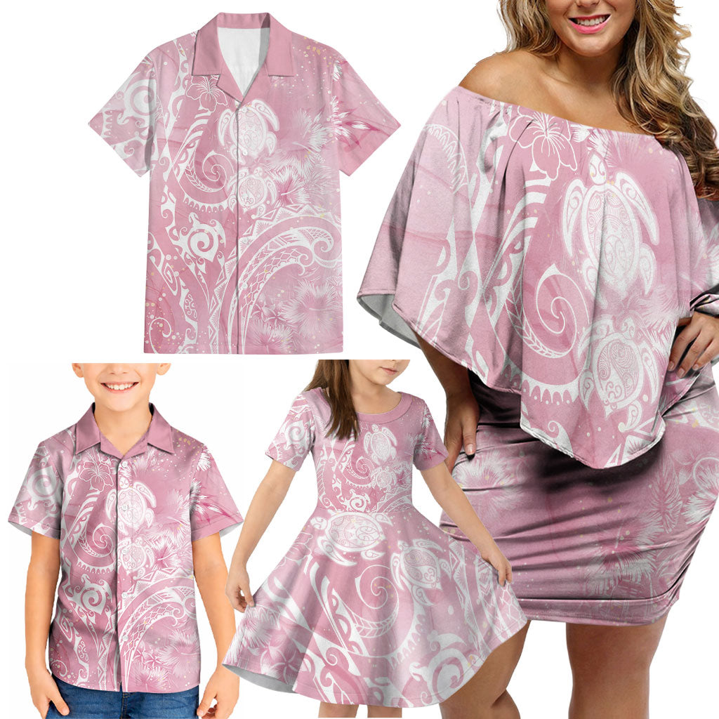 Aloha Hawaii Turtles Floral Family Matching Off Shoulder Short Dress and Hawaiian Shirt Pink Marbles Glaze LT7 - Polynesian Pride