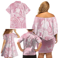 Aloha Hawaii Turtles Floral Family Matching Off Shoulder Short Dress and Hawaiian Shirt Pink Marbles Glaze