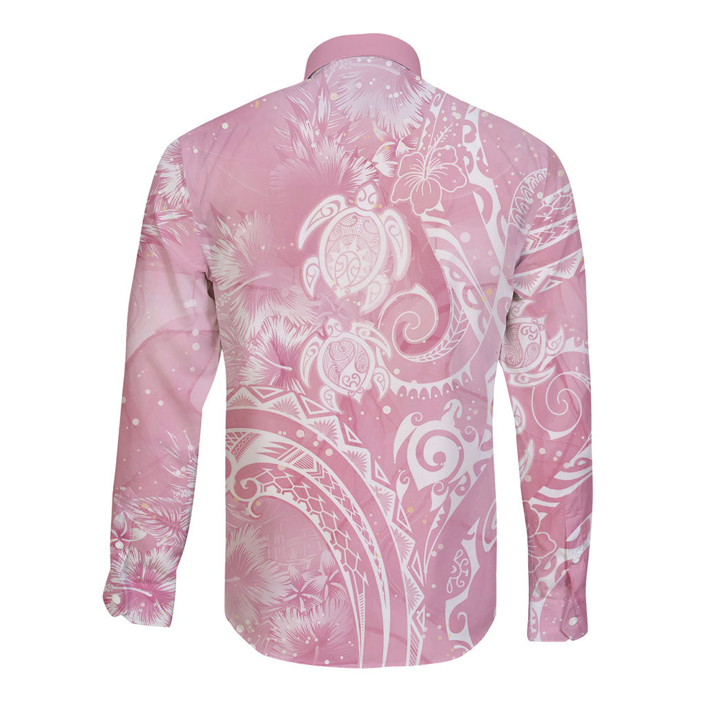 Aloha Hawaii Turtles Floral Long Sleeve Button Shirt Pink Marbles Glaze