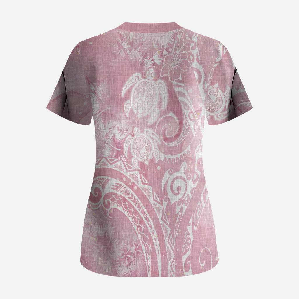 Aloha Hawaii Turtles Floral Scrub Top Pink Marbles Glaze
