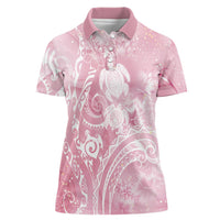 Aloha Hawaii Turtles Floral Women Polo Shirt Pink Marbles Glaze