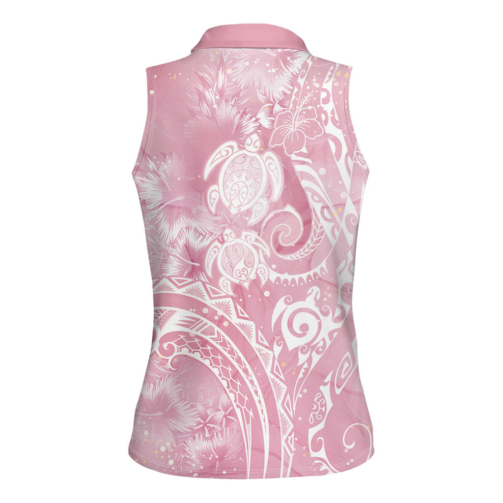 Aloha Hawaii Turtles Floral Women Sleeveless Polo Shirt Pink Marbles Glaze