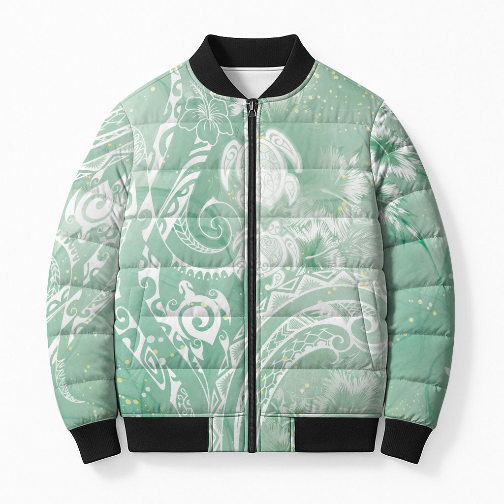 Aloha Hawaii Turtles Floral Bomber Puffer Jacket Seafoam Marbles Glaze
