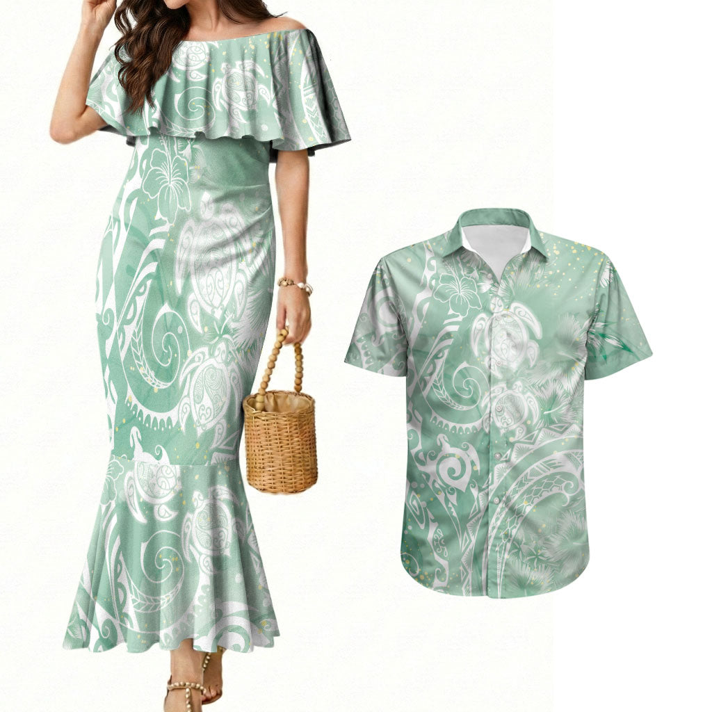 Aloha Hawaii Turtles Floral Couples Matching Mermaid Dress and Hawaiian Shirt Seafoam Marbles Glaze LT7 Seafoam - Polynesian Pride