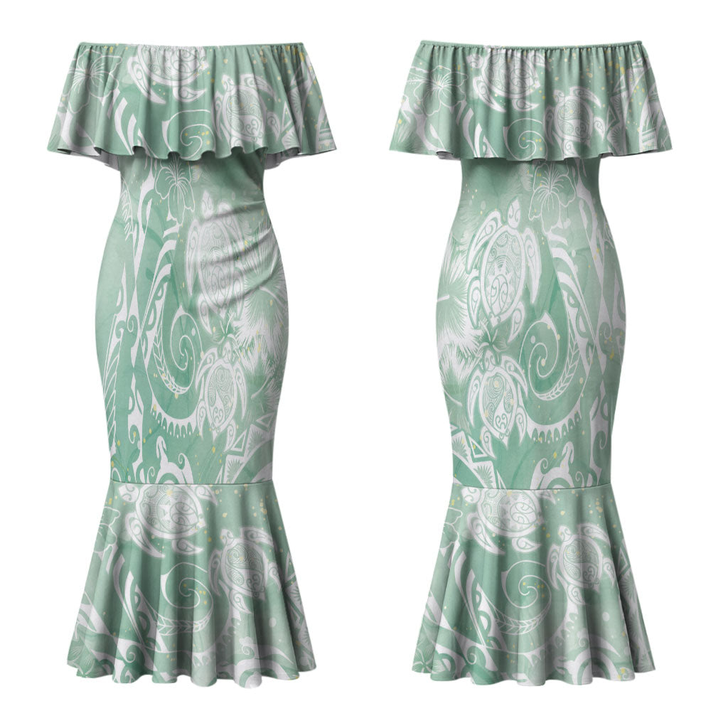 Aloha Hawaii Turtles Floral Couples Matching Mermaid Dress and Hawaiian Shirt Seafoam Marbles Glaze LT7 - Polynesian Pride