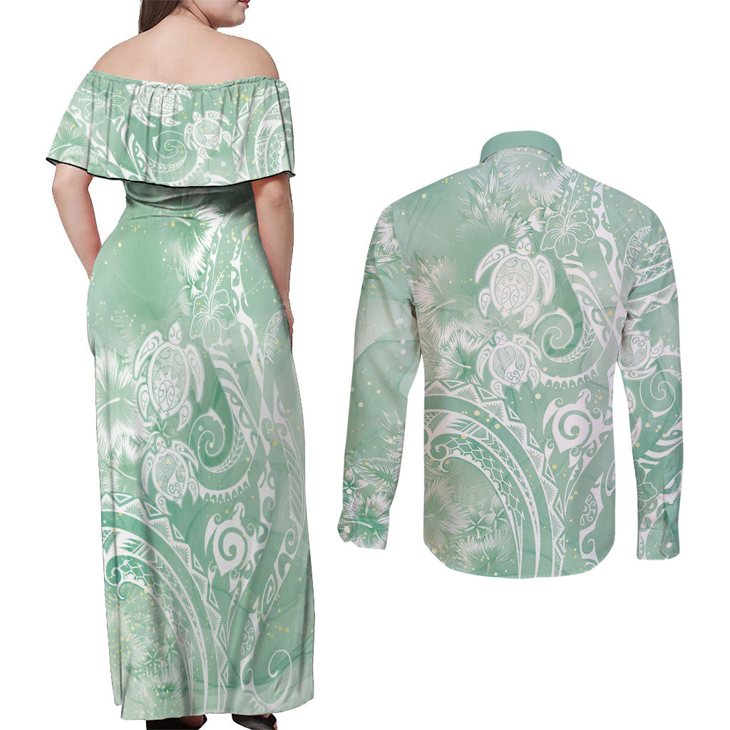 Aloha Hawaii Turtles Floral Couples Matching Off Shoulder Maxi Dress and Long Sleeve Button Shirt Seafoam Marbles Glaze
