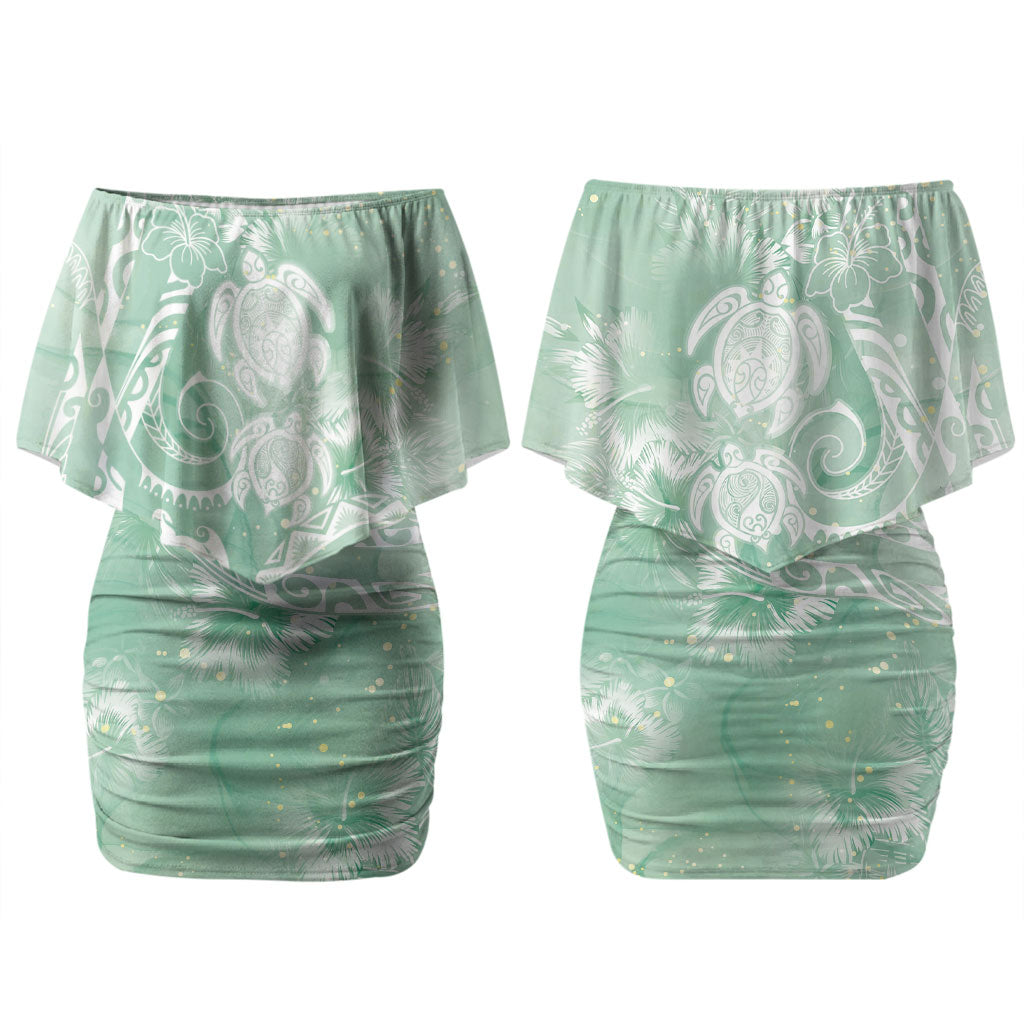 Aloha Hawaii Turtles Floral Couples Matching Off Shoulder Short Dress and Long Sleeve Button Shirt Seafoam Marbles Glaze LT7 - Polynesian Pride