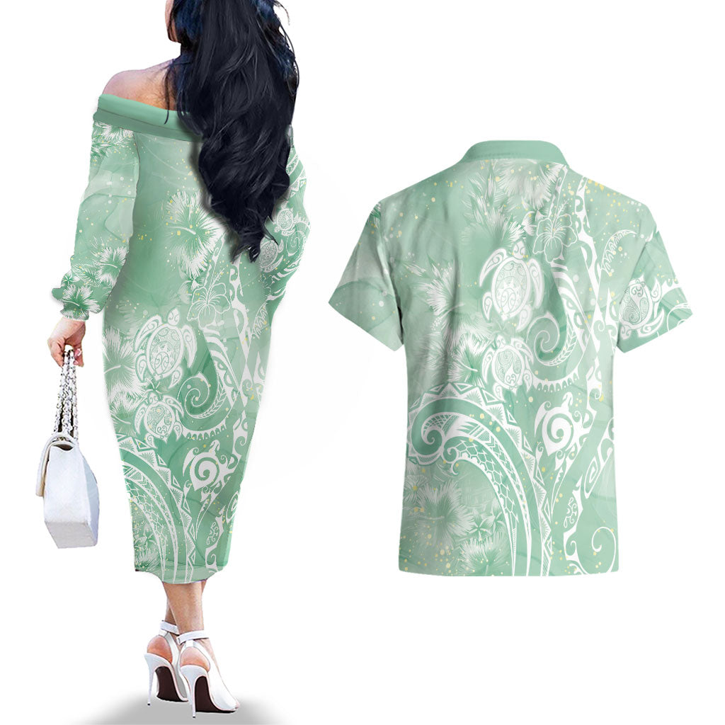 Aloha Hawaii Turtles Floral Couples Matching Off The Shoulder Long Sleeve Dress and Hawaiian Shirt Seafoam Marbles Glaze