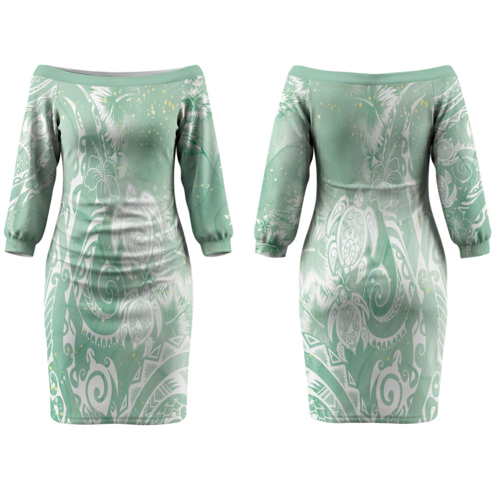 Aloha Hawaii Turtles Floral Couples Matching Off The Shoulder Long Sleeve Dress and Hawaiian Shirt Seafoam Marbles Glaze LT7 - Polynesian Pride