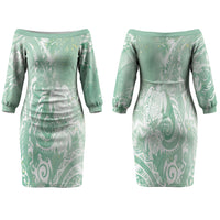 Aloha Hawaii Turtles Floral Couples Matching Off The Shoulder Long Sleeve Dress and Hawaiian Shirt Seafoam Marbles Glaze LT7 - Polynesian Pride